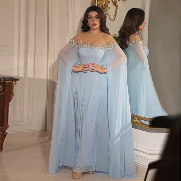 Luxury Dubai  Arabic Luxury Crystal Dubai A-Line Baby Blue Evening Dress with Elegant Kaftan for Formal Occasion LA72766