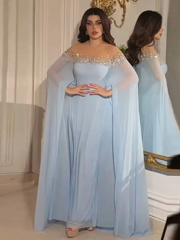 Luxury Dubai Arabic Luxury Crystal Dubai A-Line Baby Blue Evening Dress with Elegant Kaftan for Formal Occasion LA72766 - SERENE HILL
