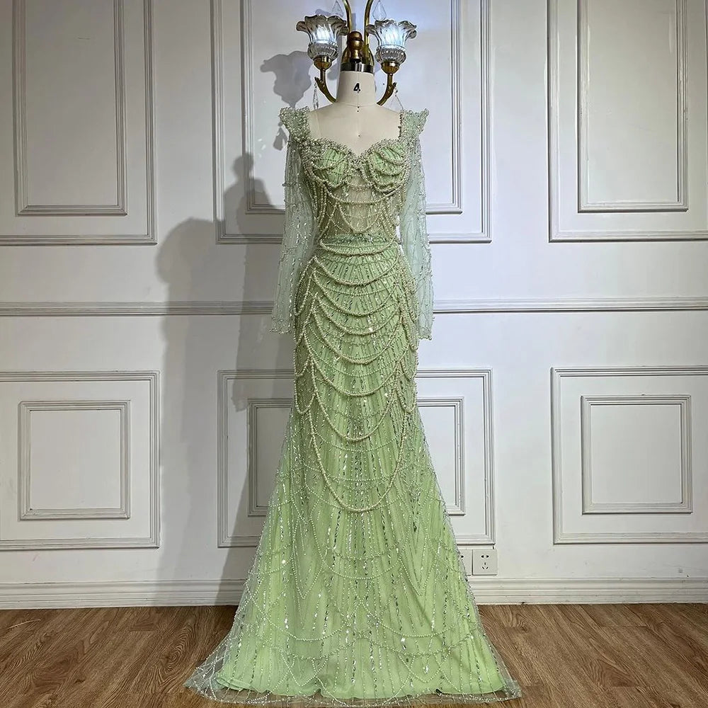 Serene Hill Arabic Sage Green Sweetheart Mermaid Pearls Beaded Luxury Dubai Evening Gown for Women&