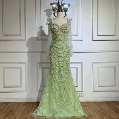 Serene Hill Arabic Sage Green Sweetheart Mermaid Pearls Beaded Luxury Dubai Evening Gown for Women&