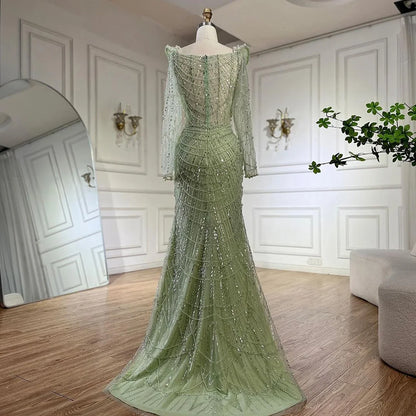 Serene Hill Arabic Sage Green Sweetheart Mermaid Pearls Beaded Luxury Dubai Evening Gown for Women&