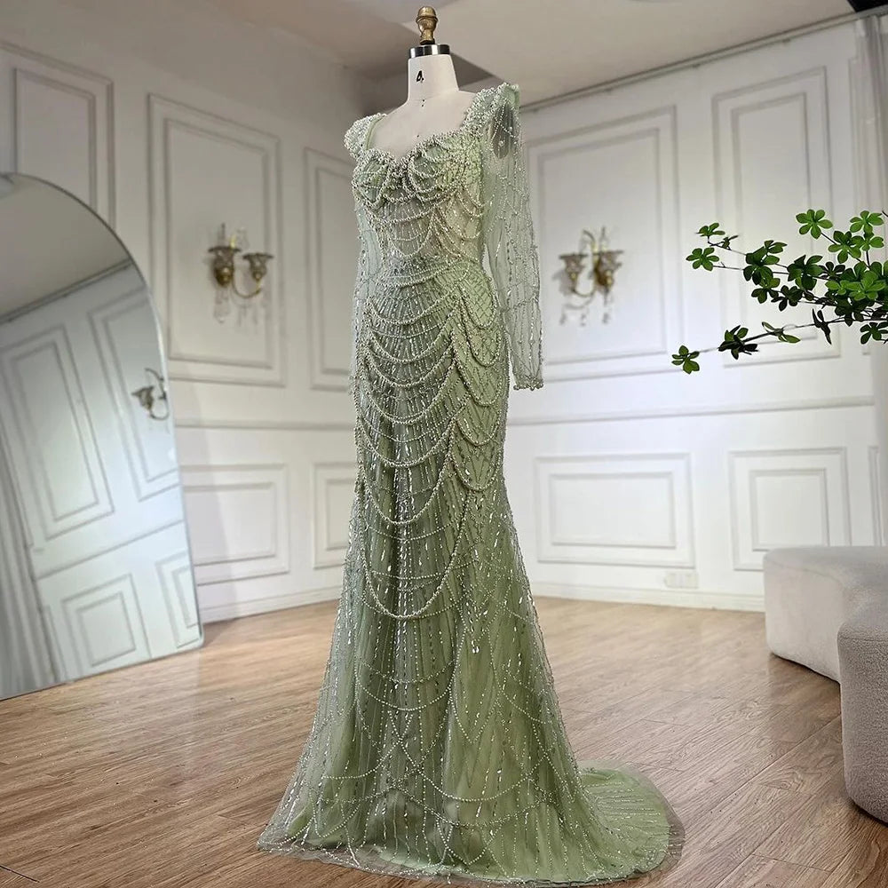 Serene Hill Arabic Sage Green Sweetheart Mermaid Pearls Beaded Luxury Dubai Evening Gown for Women&