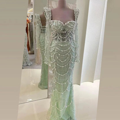 Serene Hill Arabic Sage Green Sweetheart Mermaid Pearls Beaded Luxury Dubai Evening Gown for Women&