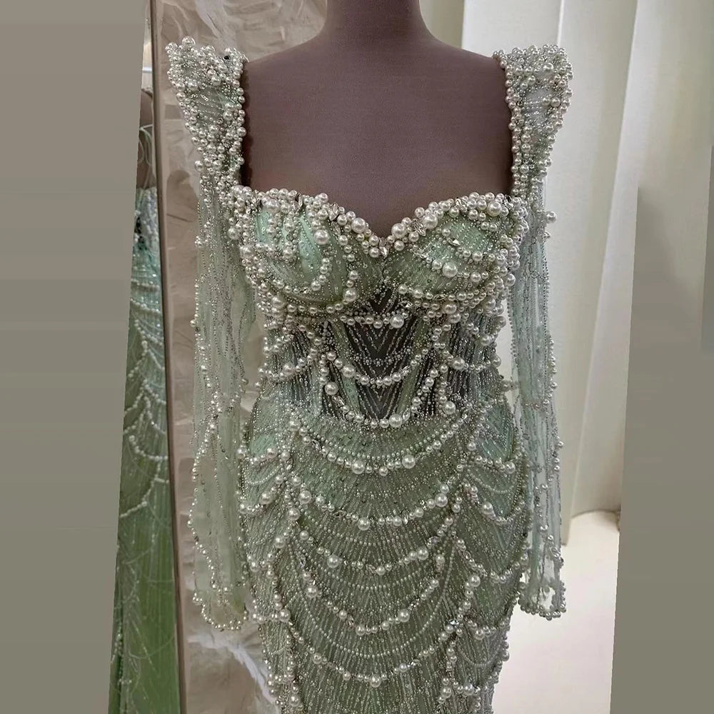 Serene Hill Arabic Sage Green Sweetheart Mermaid Pearls Beaded Luxury Dubai Evening Gown for Women&