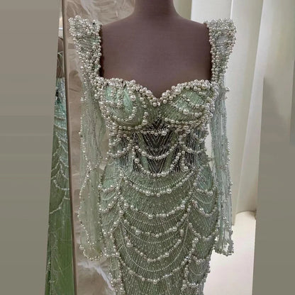 Serene Hill Arabic Sage Green Sweetheart Mermaid Pearls Beaded Luxury Dubai Evening Gown for Women&