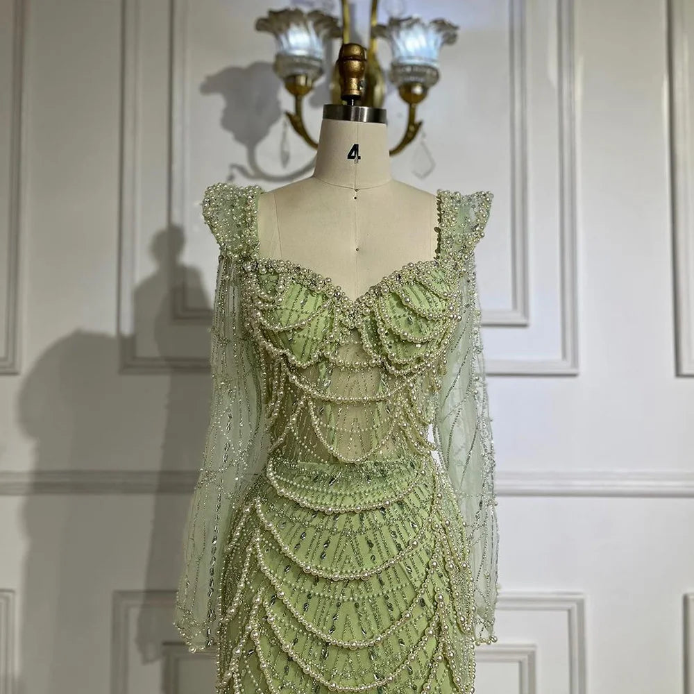 Serene Hill Arabic Sage Green Sweetheart Mermaid Pearls Beaded Luxury Dubai Evening Gown for Women&