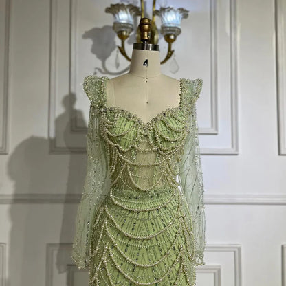 Serene Hill Arabic Sage Green Sweetheart Mermaid Pearls Beaded Luxury Dubai Evening Gown for Women&
