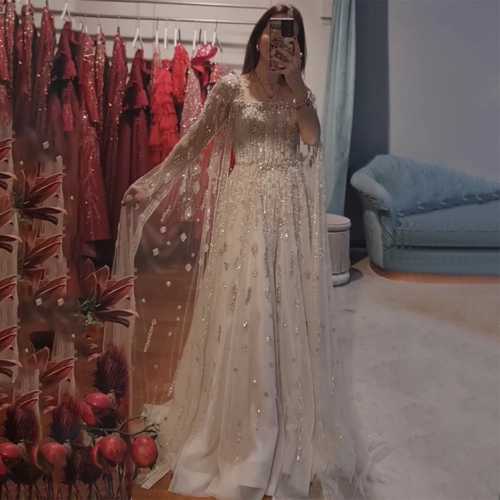 Luxury Designer Nude A-Line Crystal Beaded Arabic Evening Dress LA72764 - SERENE HILL