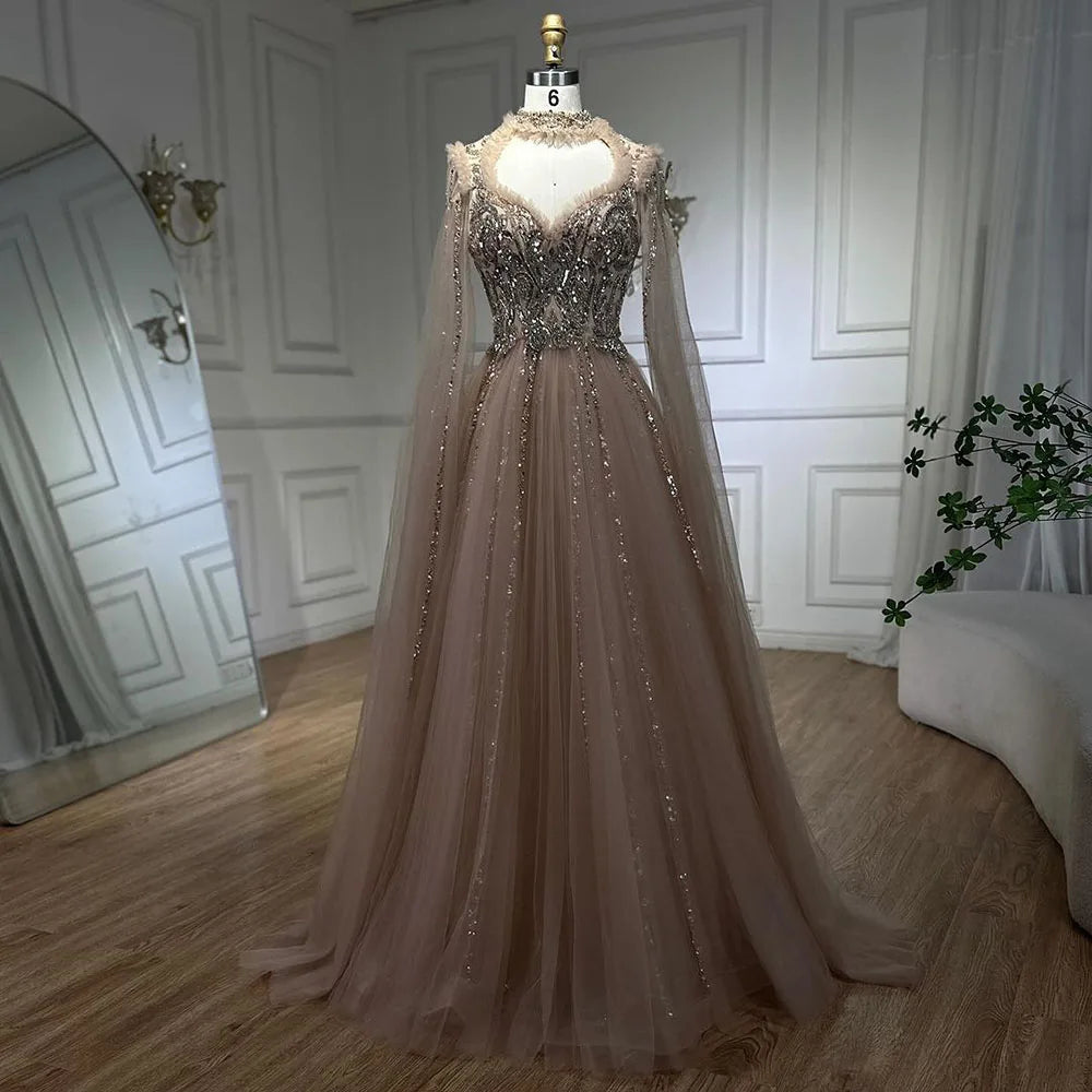 Serene Hill 2025 Arabic Nude A Line Elegant Cape Sleeves Beaded Luxury Evening Dresses Gowns for Women Wedding Party LA72384 - SERENE HILL