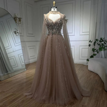 Serene Hill 2025 Arabic Nude A Line Elegant Cape Sleeves Beaded Luxury Evening Dresses Gowns for Women Wedding Party LA72384 - SERENE HILL