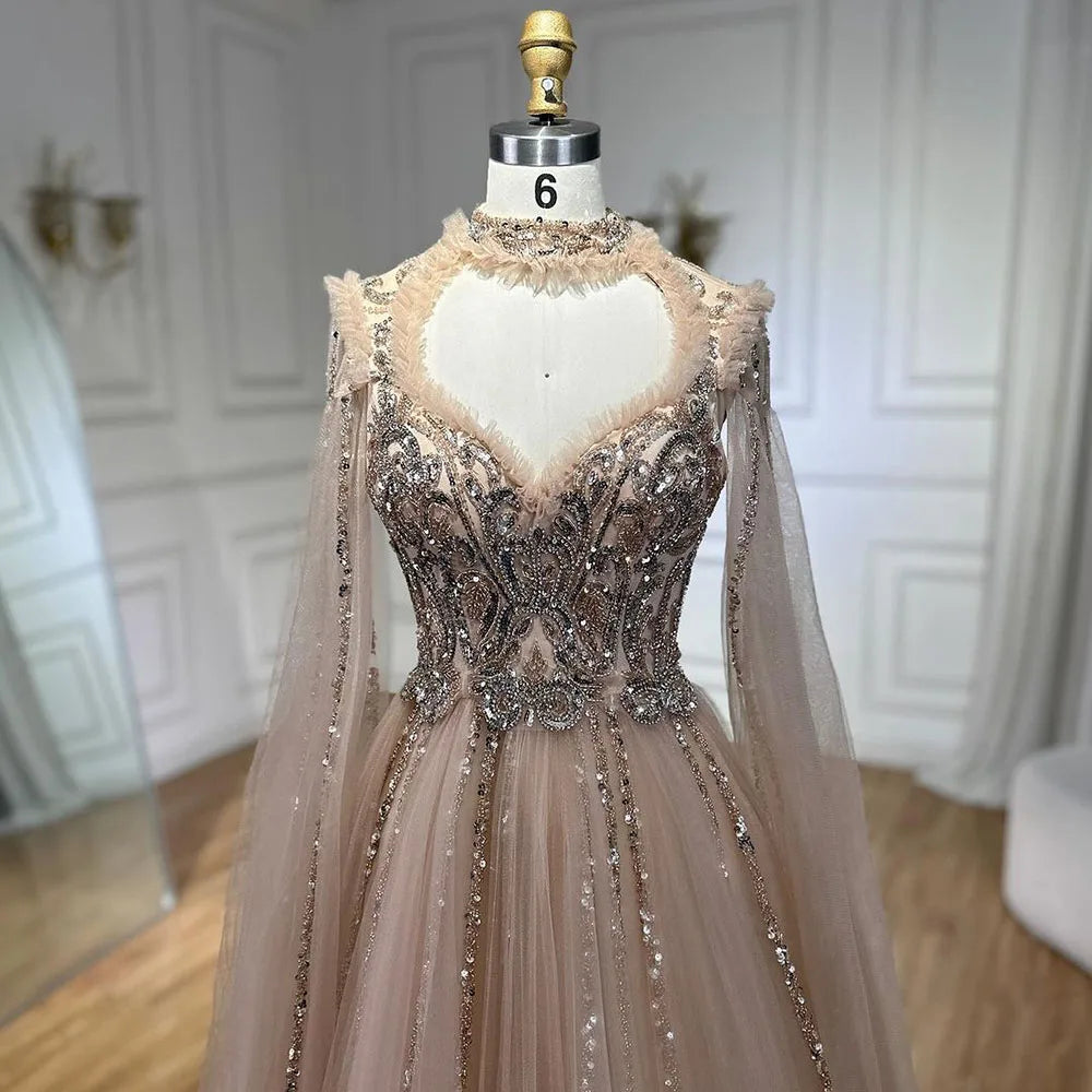 Serene Hill 2025 Arabic Nude A Line Elegant Cape Sleeves Beaded Luxury Evening Dresses Gowns for Women Wedding Party LA72384 - SERENE HILL