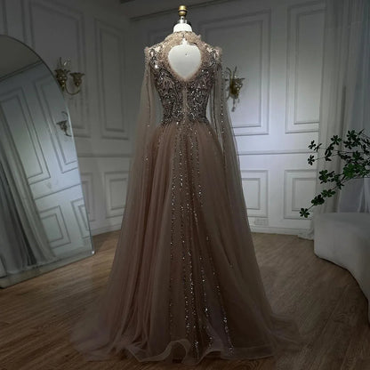 Serene Hill 2025 Arabic Nude A Line Elegant Cape Sleeves Beaded Luxury Evening Dresses Gowns for Women Wedding Party LA72384 - SERENE HILL