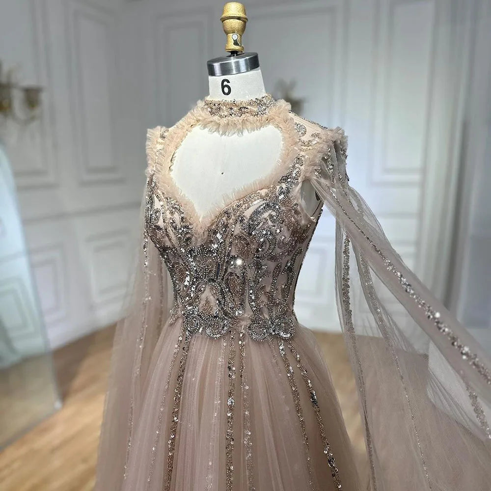 Serene Hill 2025 Arabic Nude A Line Elegant Cape Sleeves Beaded Luxury Evening Dresses Gowns for Women Wedding Party LA72384 - SERENE HILL