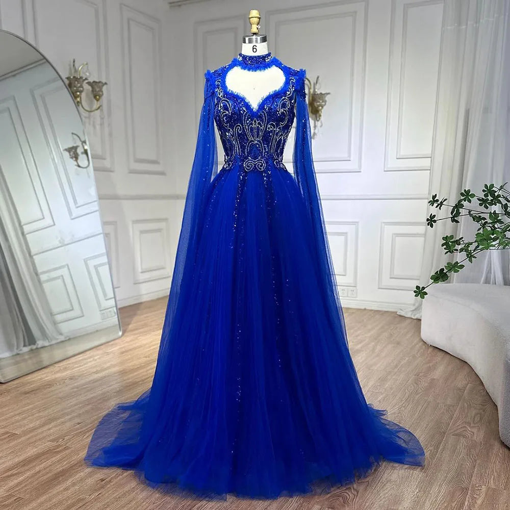 Serene Hill 2025 Arabic Nude A Line Elegant Cape Sleeves Beaded Luxury Evening Dresses Gowns for Women Wedding Party LA72384 - SERENE HILL