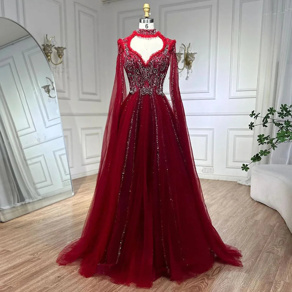 Serene Hill 2025 Arabic Nude A Line Elegant Cape Sleeves Beaded Luxury Evening Dresses Gowns for Women Wedding Party LA72384 - SERENE HILL