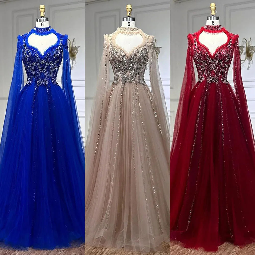 Serene Hill 2025 Arabic Nude A Line Elegant Cape Sleeves Beaded Luxury Evening Dresses Gowns for Women Wedding Party LA72384 - SERENE HILL