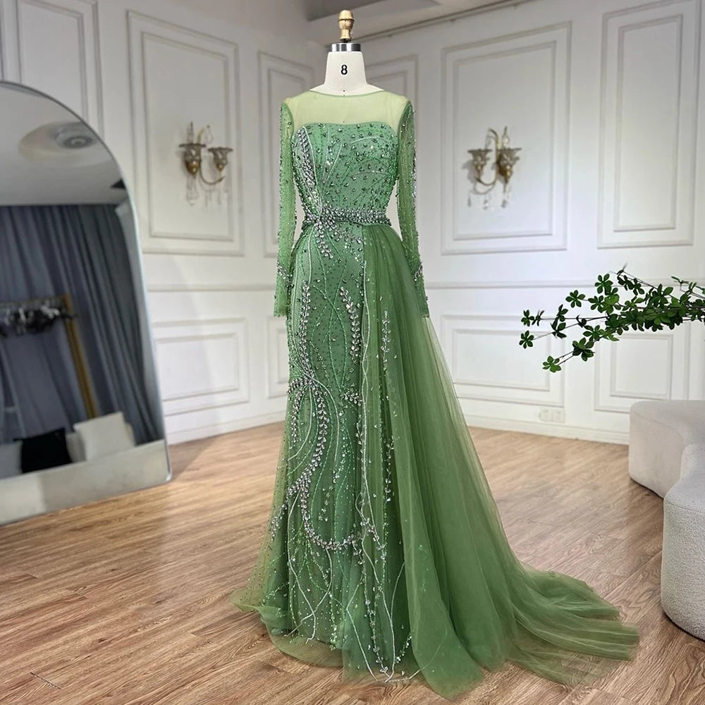 Serene Hill 2025 Arabic Nude Elegant Mermaid Evening Gowns with Beaded Skirt Lace-Up for Women&
