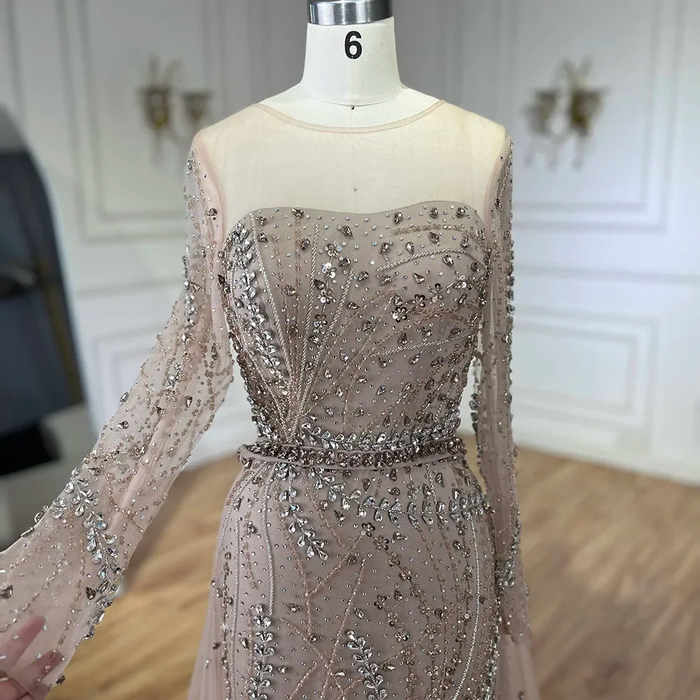 Serene Hill 2025 Arabic Nude Elegant Mermaid Evening Gowns with Beaded Skirt Lace-Up for Women&