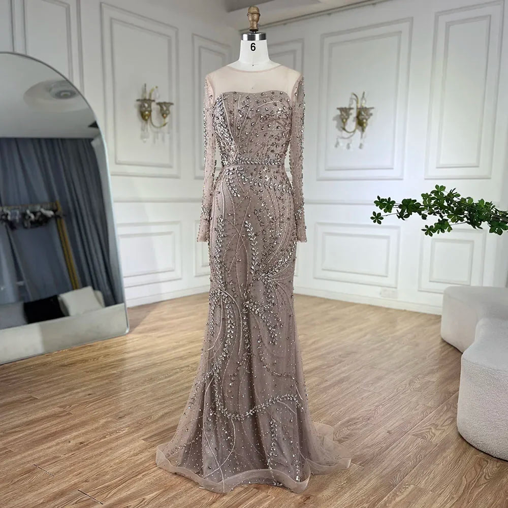 Serene Hill 2025 Arabic Nude Elegant Mermaid Evening Gowns with Beaded Skirt Lace-Up for Women&