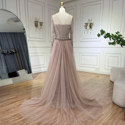 Serene Hill 2025 Arabic Nude Elegant Mermaid Evening Gowns with Beaded Skirt Lace-Up for Women&