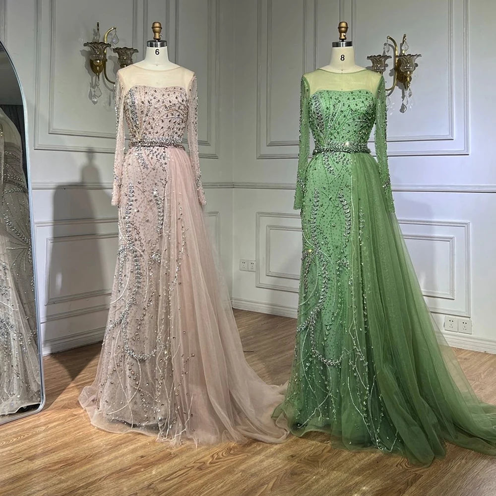 Serene Hill 2025 Arabic Nude Elegant Mermaid Evening Gowns with Beaded Skirt Lace-Up for Women&