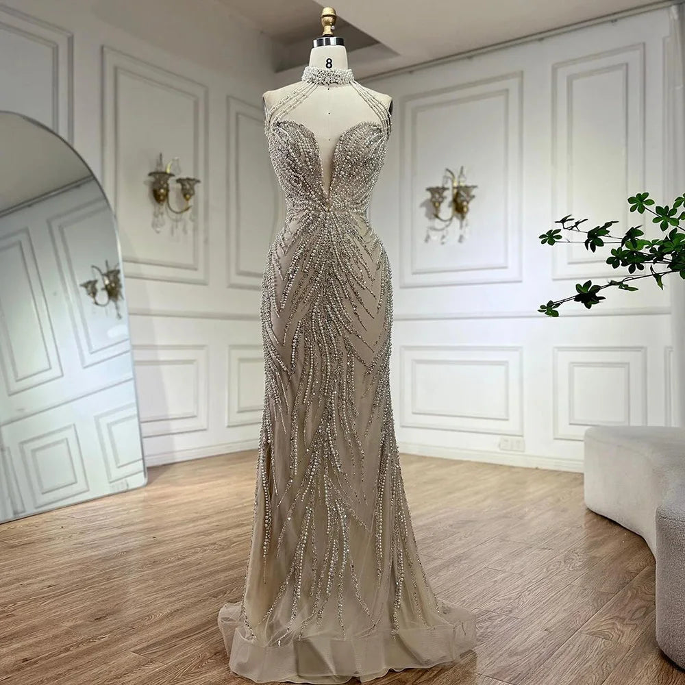 Serene Hill Arabic Nude Halter Neck Mermaid Pearls Beaded Luxury Dubai Evening Gown for Women&