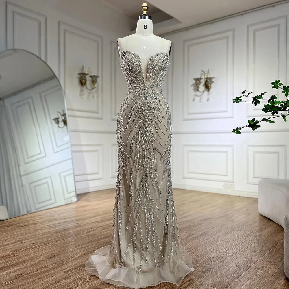 Serene Hill Arabic Nude Halter Neck Mermaid Pearls Beaded Luxury Dubai Evening Gown for Women&