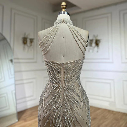 Serene Hill Arabic Nude Halter Neck Mermaid Pearls Beaded Luxury Dubai Evening Gown for Women&