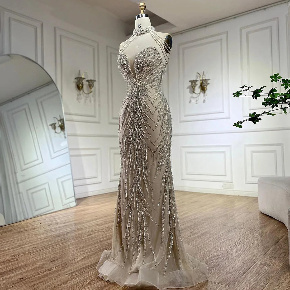 Serene Hill Arabic Nude Halter Neck Mermaid Pearls Beaded Luxury Dubai Evening Gown for Women&