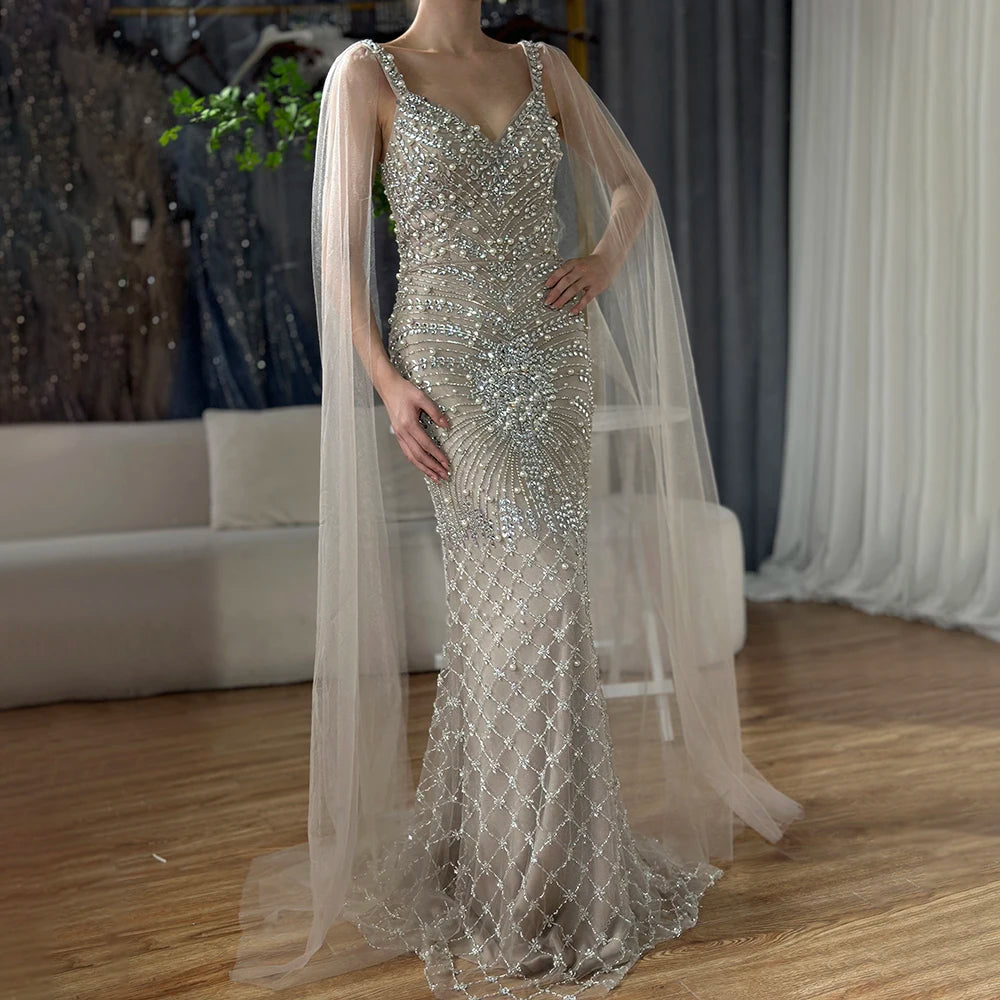 Luxury Dubai Arabic Nude Mermaid Cape Sleeve Beaded Luxury Saudi Evening Gown for Formal Occasion LA72748 - SERENE HILL