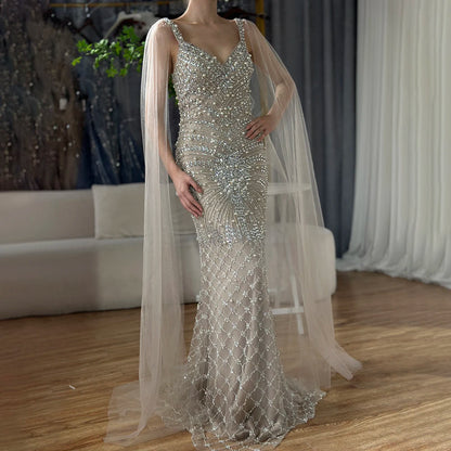 Luxury Dubai Arabic Nude Mermaid Cape Sleeve Beaded Luxury Saudi Evening Gown for Formal Occasion LA72748 - SERENE HILL
