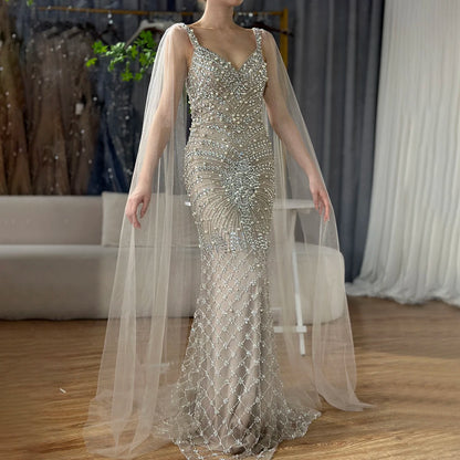 Luxury Dubai Arabic Nude Mermaid Cape Sleeve Beaded Luxury Saudi Evening Gown for Formal Occasion LA72748 - SERENE HILL