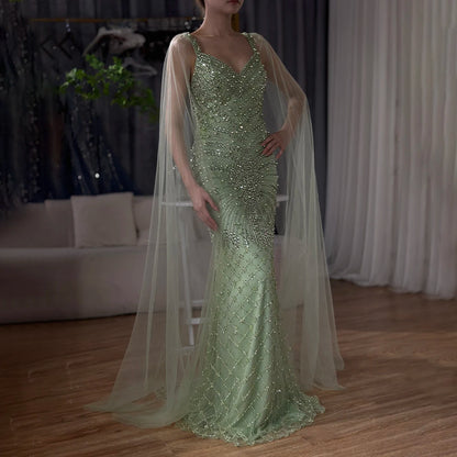 Luxury Dubai Arabic Nude Mermaid Cape Sleeve Beaded Luxury Saudi Evening Gown for Formal Occasion LA72748 - SERENE HILL