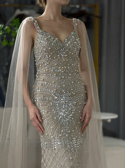 Luxury Dubai Arabic Nude Mermaid Cape Sleeve Beaded Luxury Saudi Evening Gown for Formal Occasion LA72748 - SERENE HILL