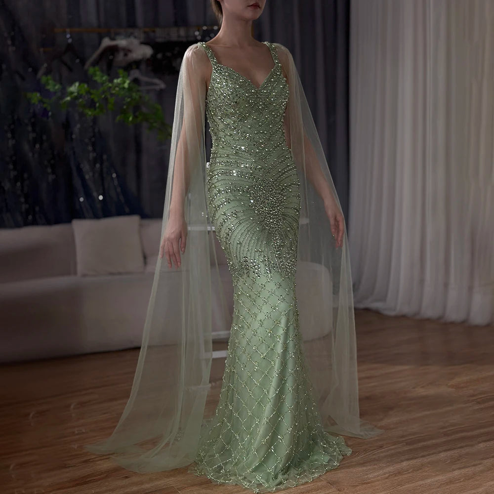 Luxury Dubai Arabic Nude Mermaid Cape Sleeve Beaded Luxury Saudi Evening Gown for Formal Occasion LA72748 - SERENE HILL