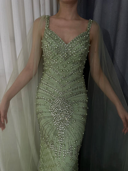 Luxury Dubai Arabic Nude Mermaid Cape Sleeve Beaded Luxury Saudi Evening Gown for Formal Occasion LA72748 - SERENE HILL