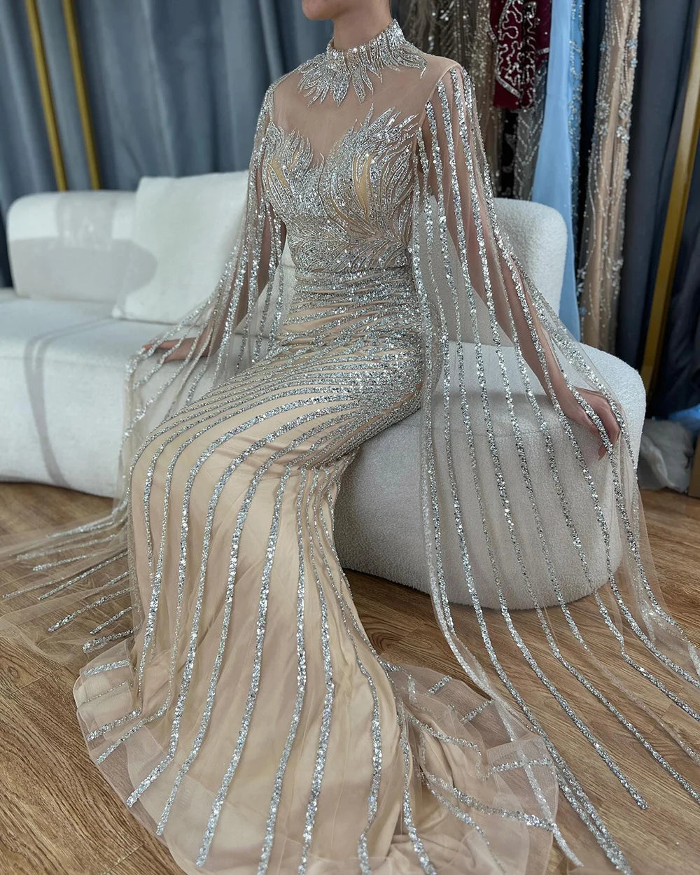 Luxury Dubai Arabic Nude Mermaid Long Evening Dresses With CapeLA71885B - SERENE HILL