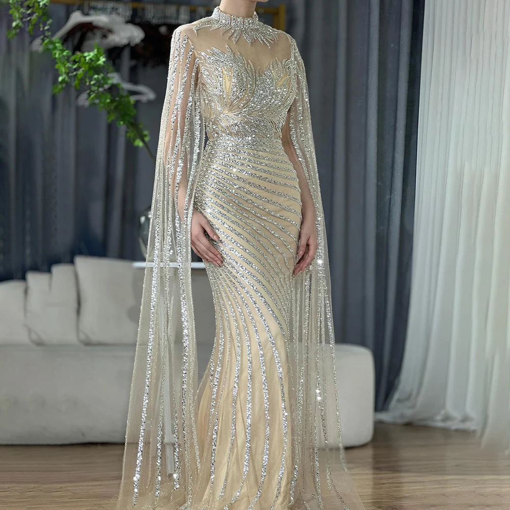 Luxury Dubai Arabic Nude Mermaid Long Evening Dresses With CapeLA71885B - SERENE HILL