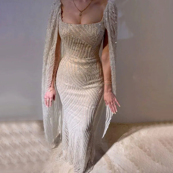 Serene Hill 2025 Arabic Nude Mermaid Elegant Cape Sleeves Beaded Luxury Evening Dresses Gowns for Women Wedding Party LA72320