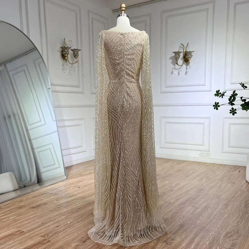 Serene Hill 2025 Arabic Nude Mermaid Elegant Cape Sleeves Beaded Luxury Evening Dresses Gowns for Women Wedding Party LA72320 - SERENE HILL