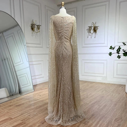 Serene Hill 2025 Arabic Nude Mermaid Elegant Cape Sleeves Beaded Luxury Evening Dresses Gowns for Women Wedding Party LA72320 - SERENE HILL