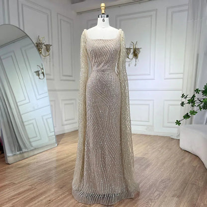 Serene Hill 2025 Arabic Nude Mermaid Elegant Cape Sleeves Beaded Luxury Evening Dresses Gowns for Women Wedding Party LA72320 - SERENE HILL