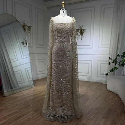 Serene Hill 2025 Arabic Nude Mermaid Elegant Cape Sleeves Beaded Luxury Evening Dresses Gowns for Women Wedding Party LA72320 - SERENE HILL