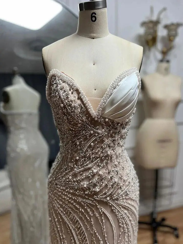 Luxury Dubai Arabic White Nude Mermaid Gown Pearls Beaded Luxury Saudi Evening Dress for Formal Occasion LA72712 - SERENE HILL