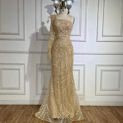 Serene Hill Arabic Nude One Shoulder Beaded Feathers Luxury Dubai Evening Gowns for Women&