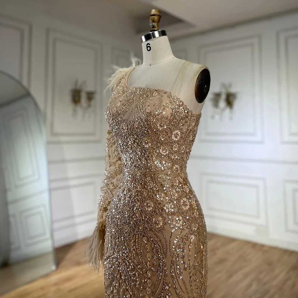 Serene Hill Arabic Nude One Shoulder Beaded Feathers Luxury Dubai Evening Gowns for Women&