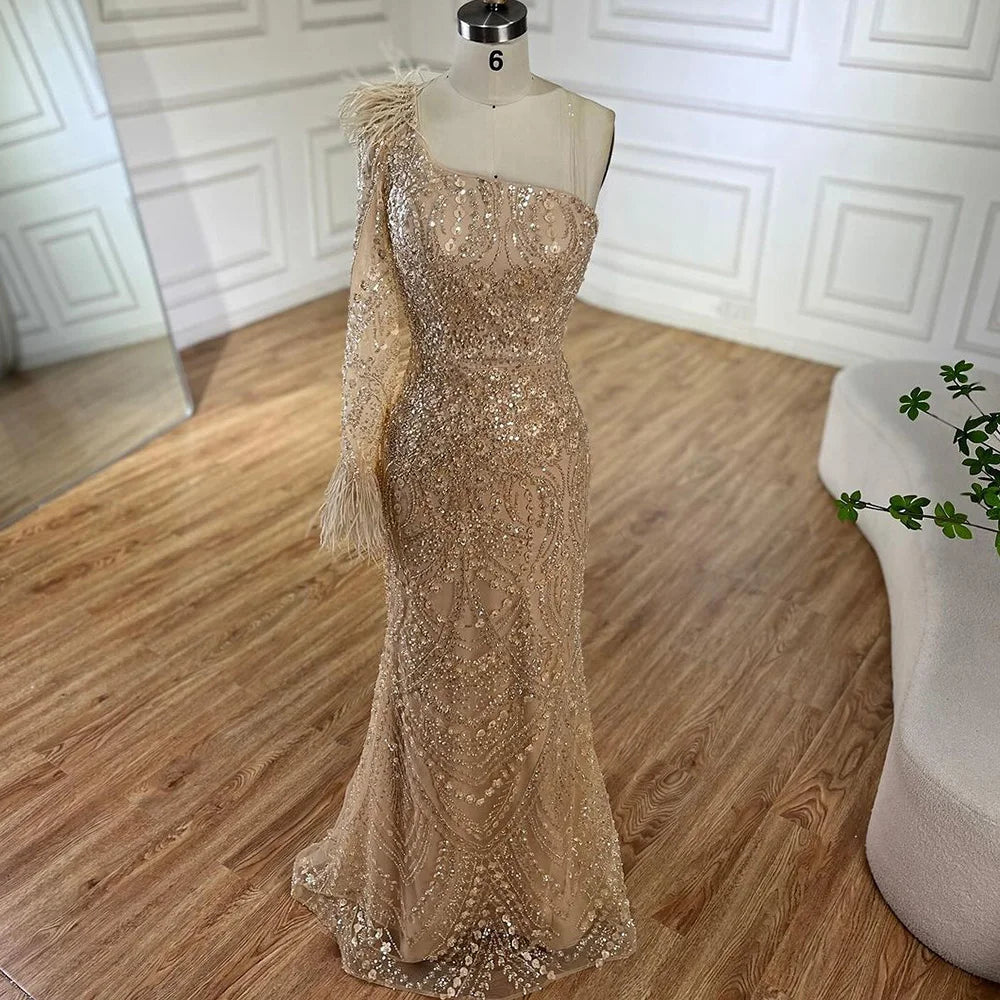 Serene Hill Arabic Nude One Shoulder Beaded Feathers Luxury Dubai Evening Gowns for Women&