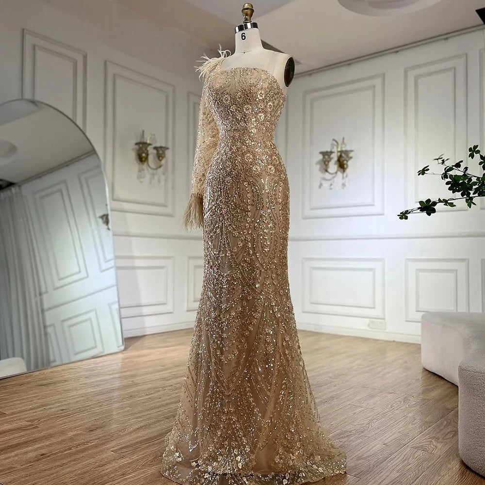 Serene Hill Arabic Nude One Shoulder Beaded Feathers Luxury Dubai Evening Gowns for Women&