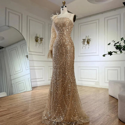 Serene Hill Arabic Nude One Shoulder Beaded Feathers Luxury Dubai Evening Gowns for Women&