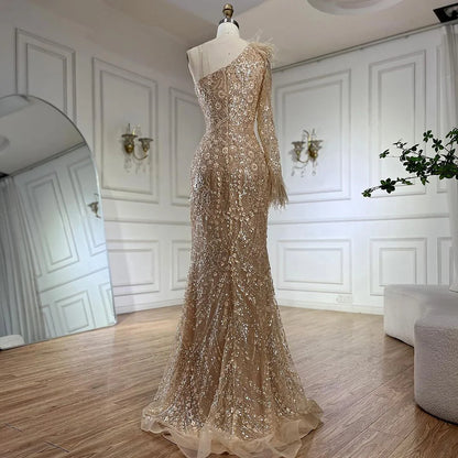 Serene Hill Arabic Nude One Shoulder Beaded Feathers Luxury Dubai Evening Gowns for Women&